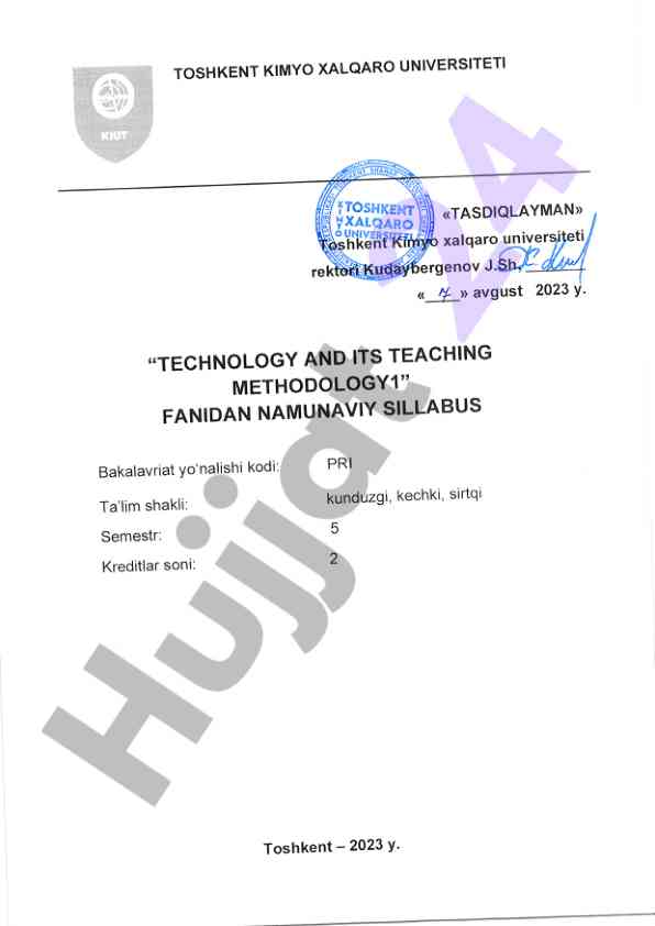 Texnologiya va o'qitish metodikasi syllabusi