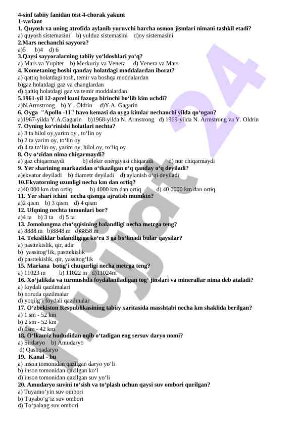 4-sinf tabiiy fanidan test 4-chorak yakuni