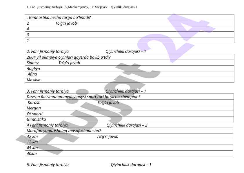 Jismoniy tarbiya qiyinchilik darajalari tahlili