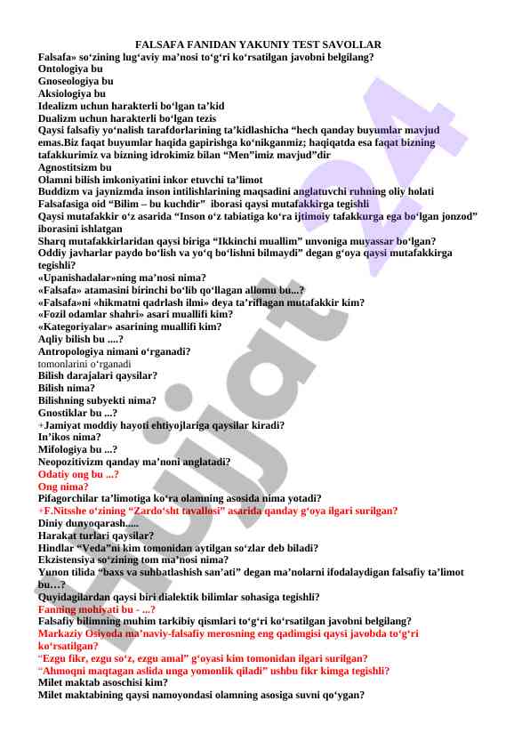 Falsafa fanidan yakuniy test savollari
