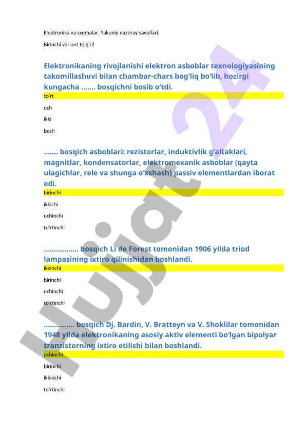 Elektronika rivojlanishi va asboblar texnologiyasi