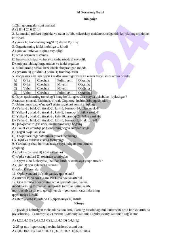 Biologiya mavzusida test savollari