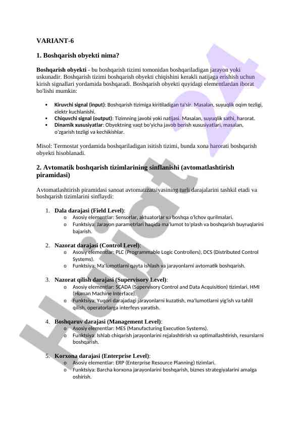 Boshqarish obyekti va avtomatik boshqarish tizimlari