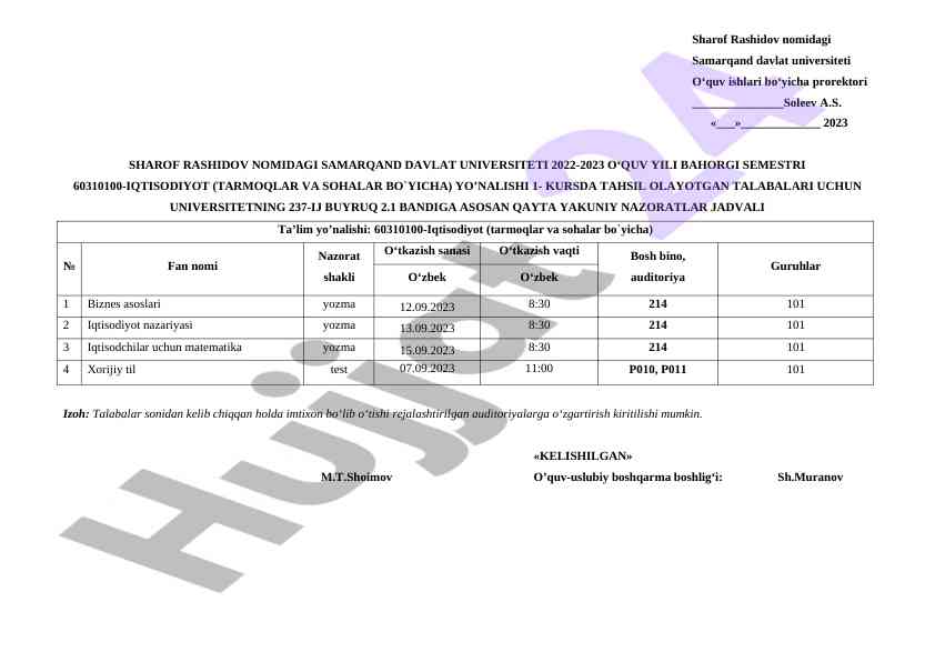 Qayta Yakuniy Nazoratlar Jadvali 2022-2023