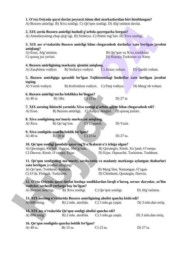 Buxoro amirligi tarixi bo‘yicha test savollari