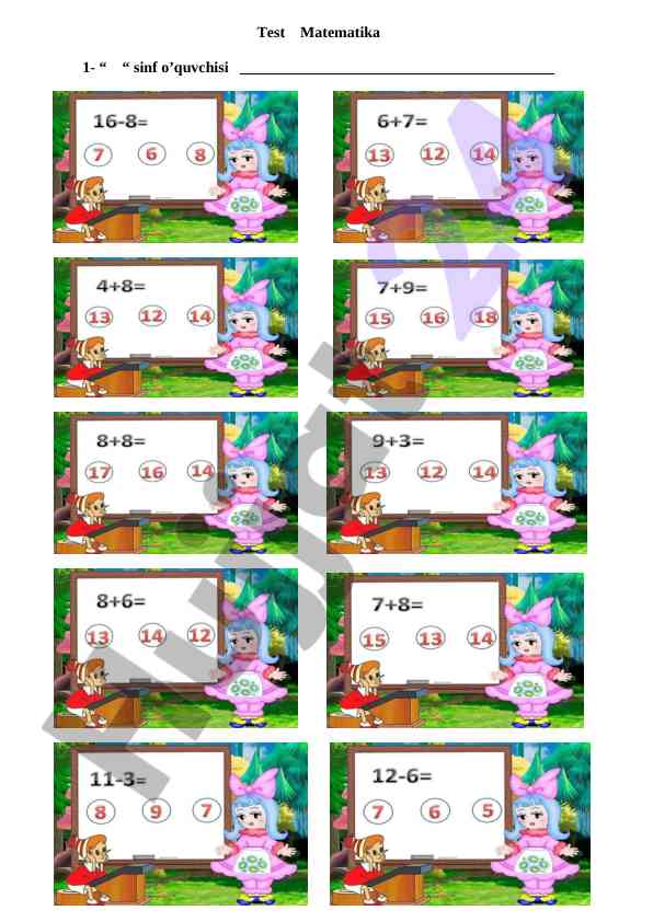Test matematika 1 sinf o‘quvchilari uchun