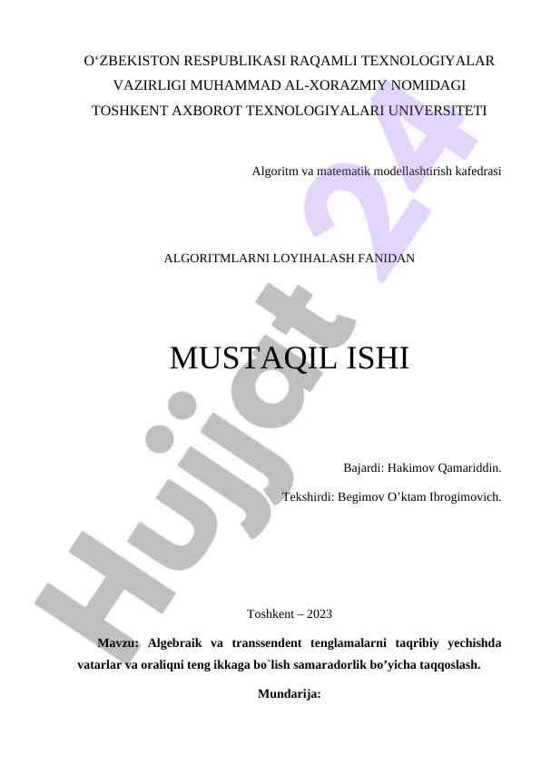 Algebraik va transsendent tenglamalarni taqribiy yechish