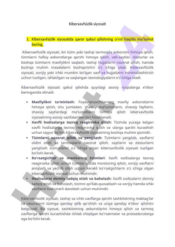 Kiberxavfsizlik siyosati asoslari va boshqaruv usullari