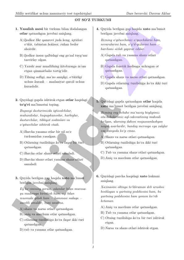 Milliy sertifikat uchun namunaviy test topshiriqlari