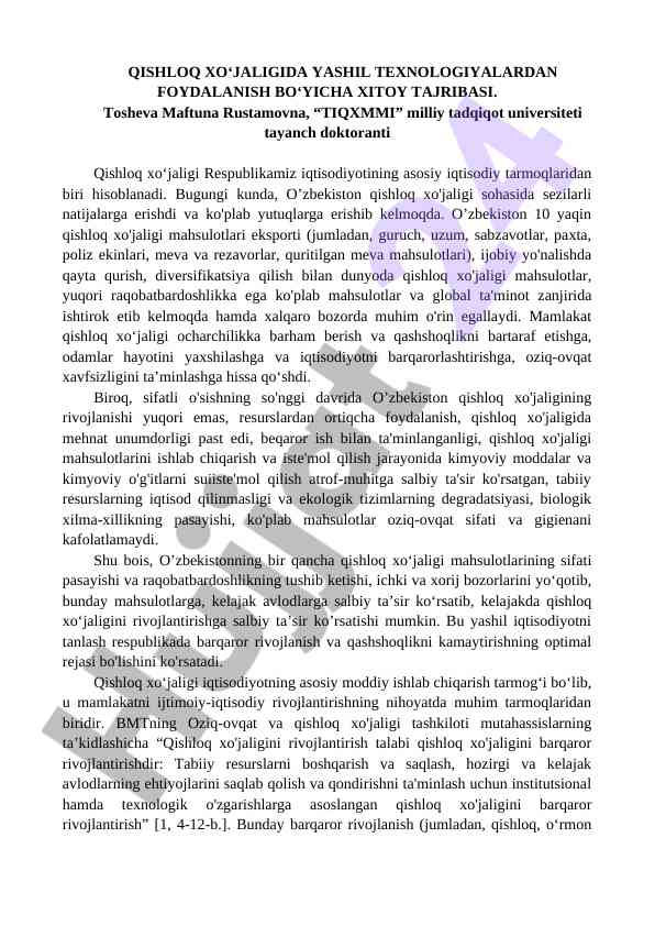 Qishloq xo‘jaligida yashil texnologiyalar foydalanuvchi tajriba