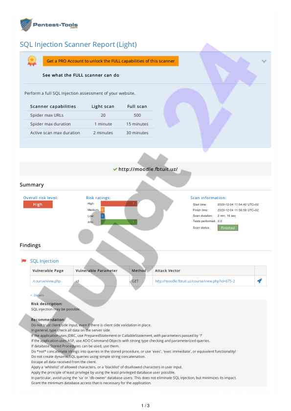 Sql injection scanner assessment report