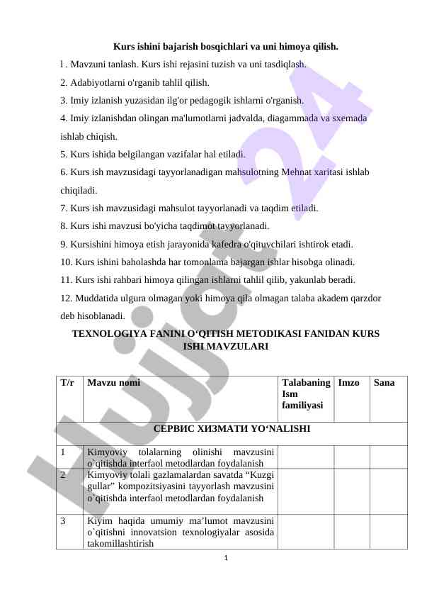 Kurs ishini bajarish bosqichlari va himoya qilish