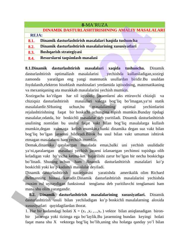 Dinamik dasturlashtirish masalalari va ularning yechimlari