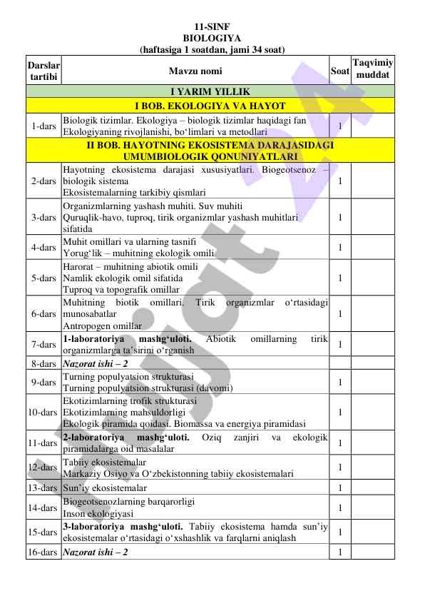 11-sinf biologiya dars rejalari va matoyi