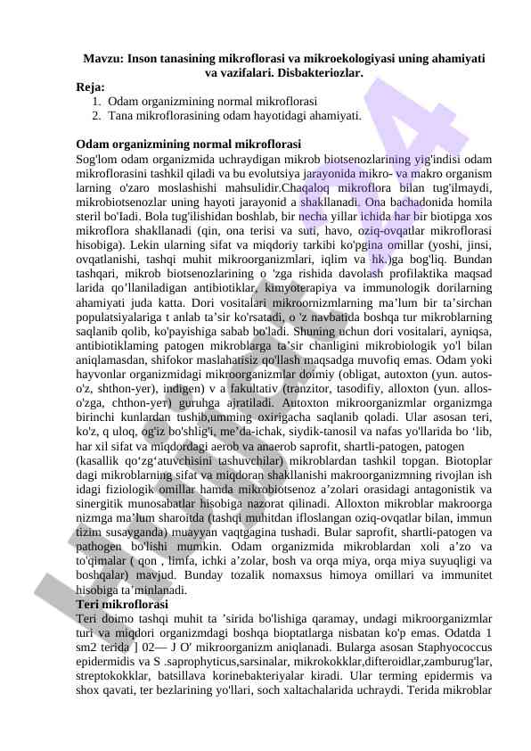 Inson tanasining mikroflorasi va mikroekologiyasi