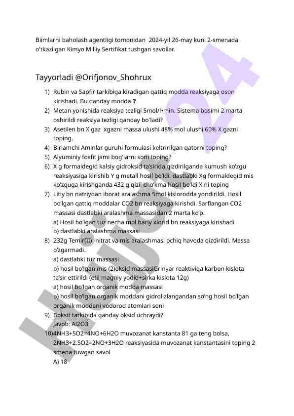 Kimyo milliy sertifikat savollari 2024-yil