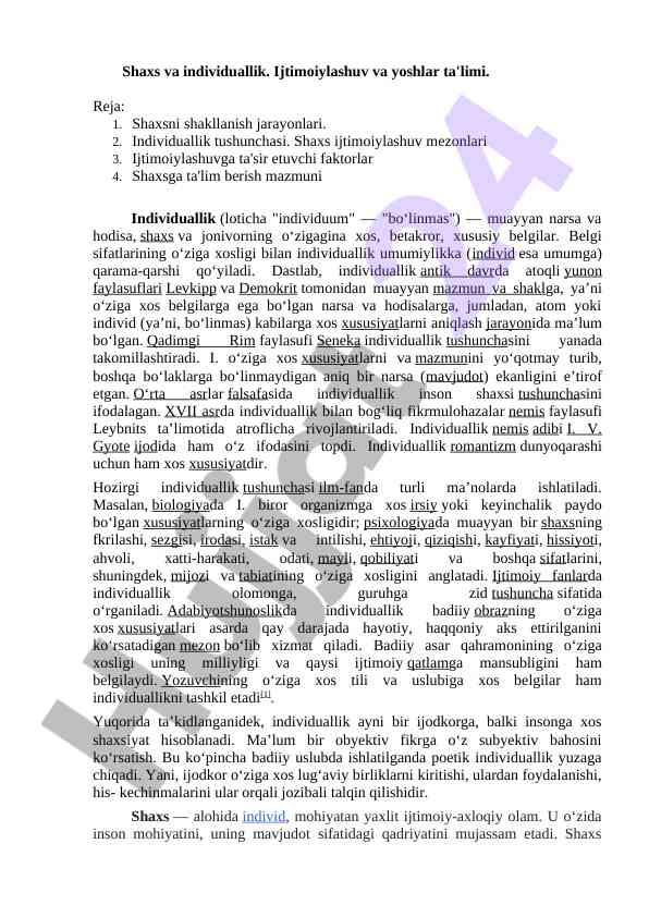 Shaxs va individuallik ijtimoiylashuv ta'limi