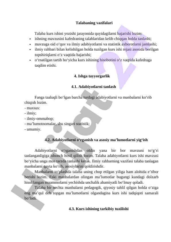 Talabaning kurs ishida amalga oshiriladigan vazifalar
