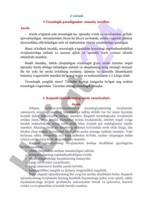 Texnologik paradigmalar va raqamli iqtisodiyot