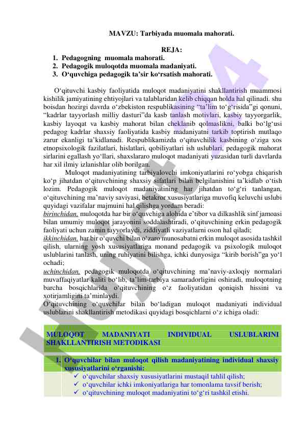 Tarbiyada muomala mahorati va pedagogik muloqot