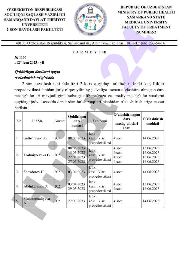 Qoldirilgan darslarni qayta o\'zlashtirish jadvali