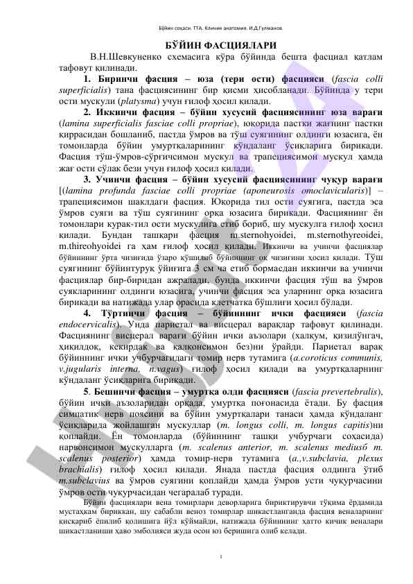 Клиник анатомияда бўйин фасциялари таснифи