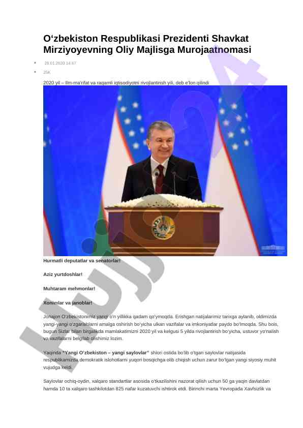 O‘zbekiston respublikasi prezidentining murojaatnomasi 2020