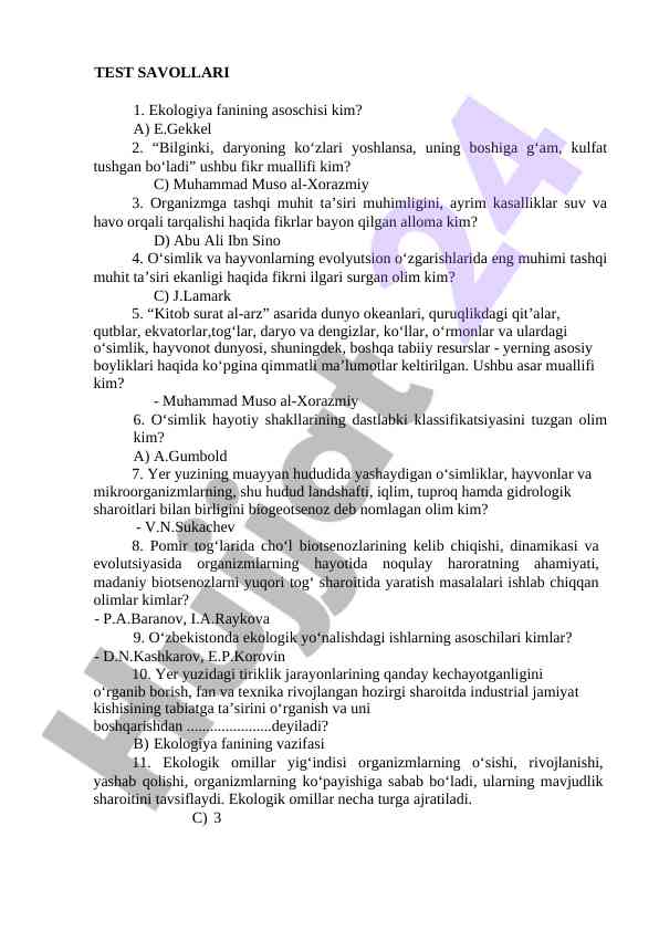 Ekologiya faniga doir savollar to‘plami