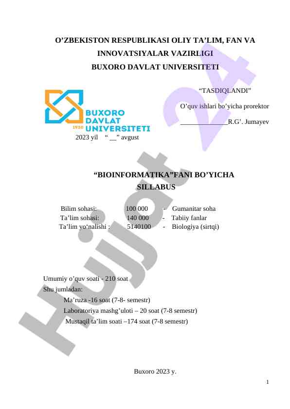 Bioinformatika fani uchun sillabus 2023