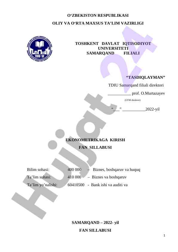 Ekonometrikaga kirish fan sillabusi 2022 yil