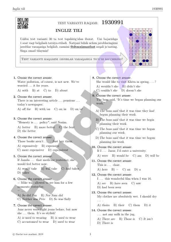 Ingliz tili test varianti raqami 1930991