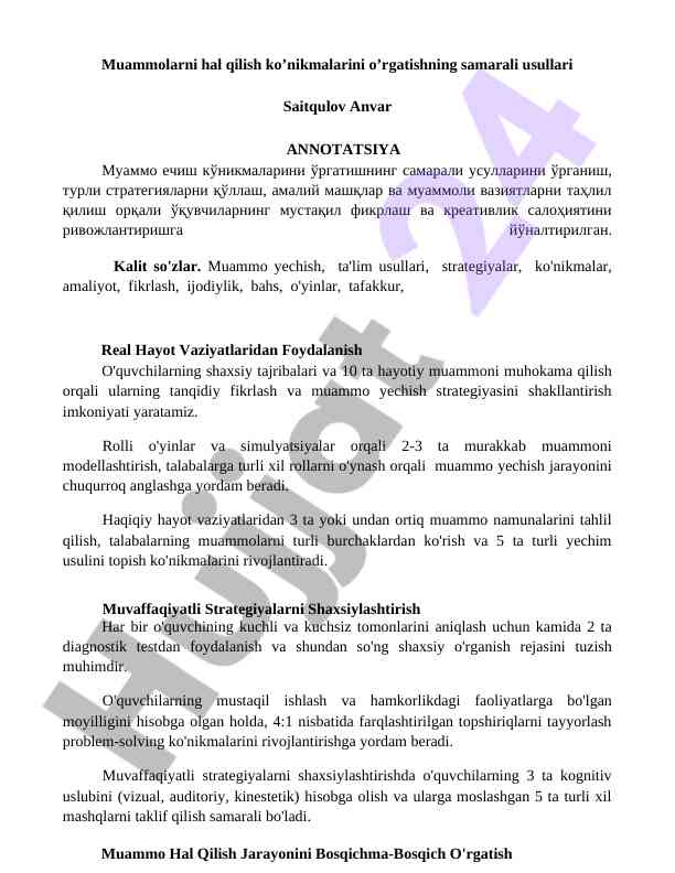 Muammolarni hal qilish ko’nikmalarini o’rgatish usullari