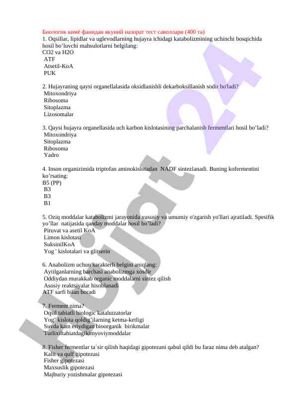 Biologik kimyo fanidan yaqin test savollari