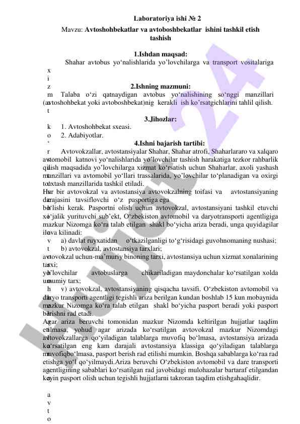 Avtoshohbekatlar va avtoboshbekatlar tashkiliy ishlar