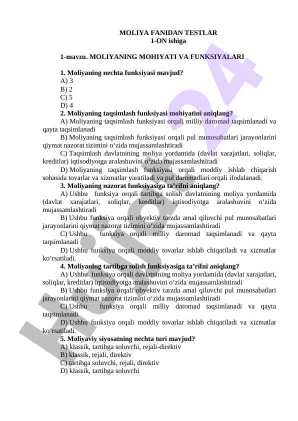 Moliya fanidan testlar mavzu 1