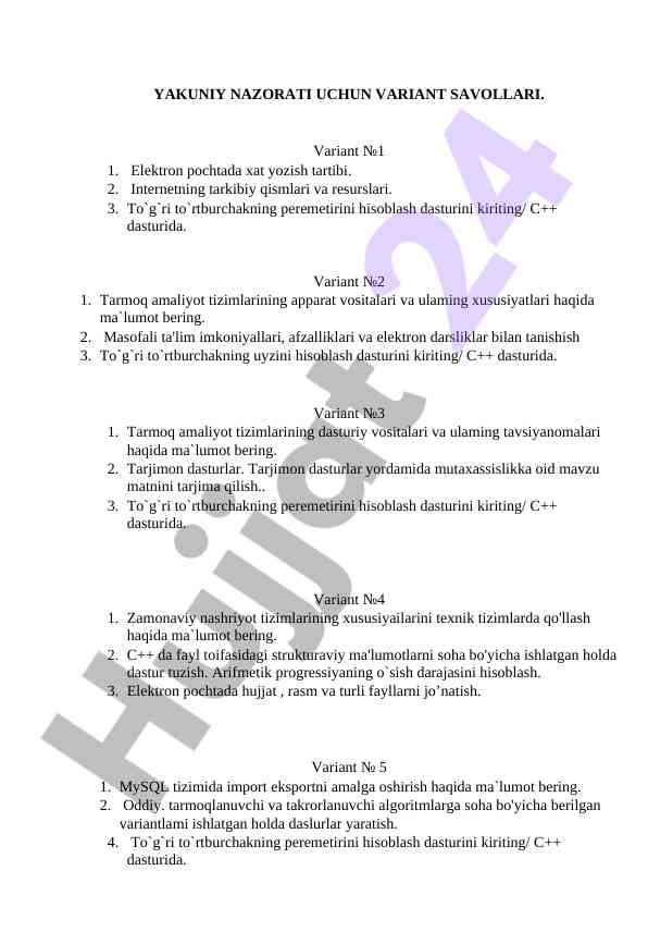 Variant savollari bilan yakuniy nazorat bo'yicha