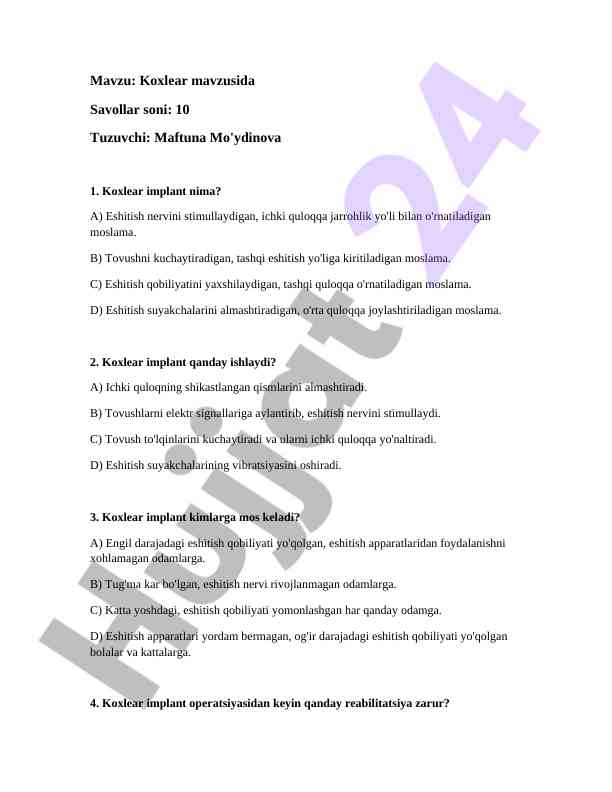 Koxlear implant mavzusida savollar