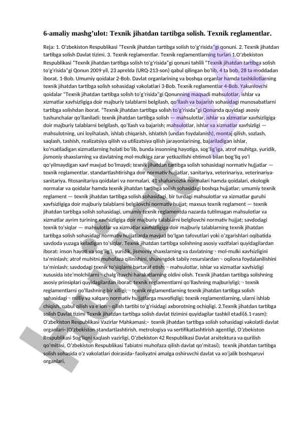 Teхnik jihatdan tartibga solish qonuni tahlili