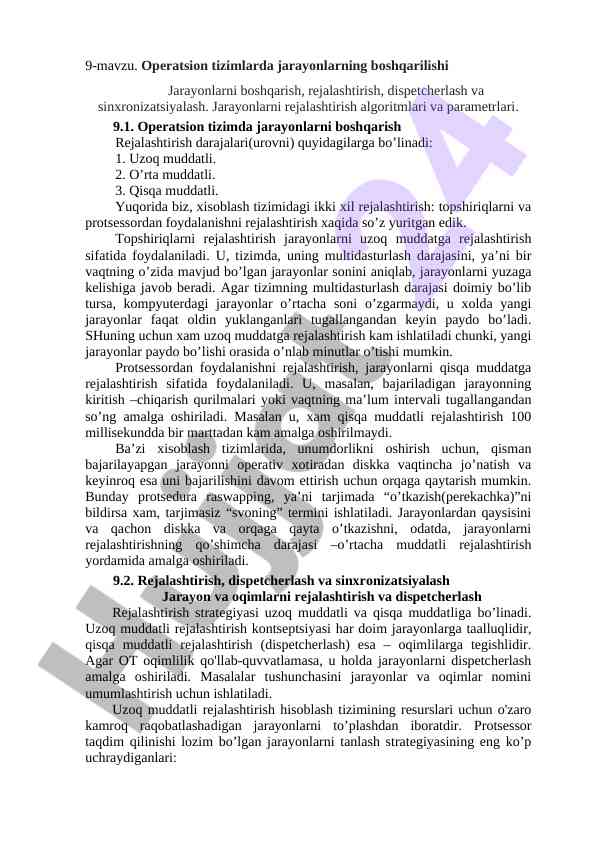 Operatsion tizimlarda jarayonlarni boshqarish