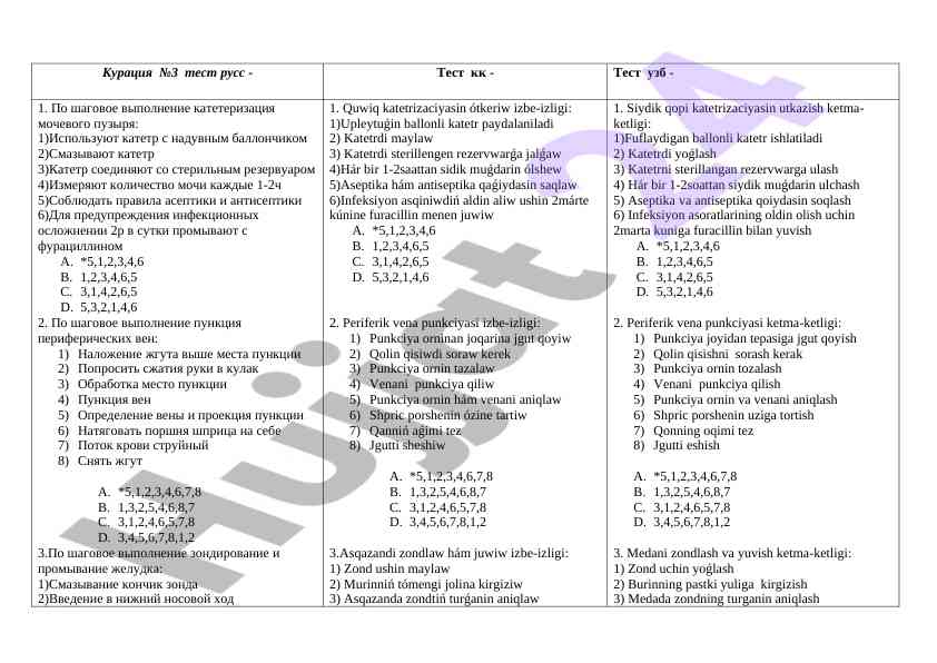 Katetrizaciyani O'tkazish Bo'yicha Test