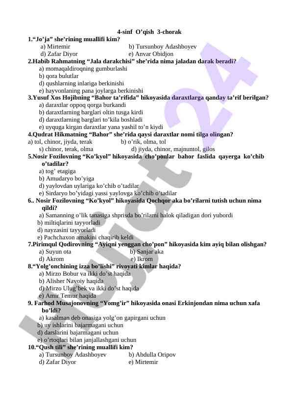 4-sinf o’qish 3-chorak test savollari