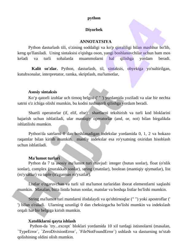 Python dasturlash tili asoslari va sintaksisi