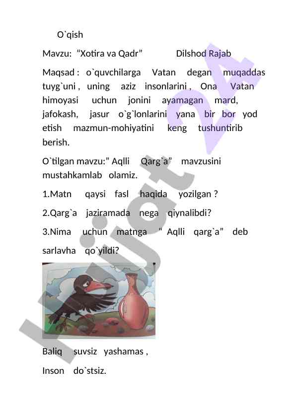 Xotira va qadr mavzusida o`qish va tushuntirish