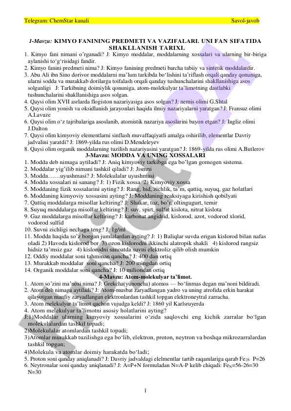 Kimyo fanining predmeti va vazifalari haqida