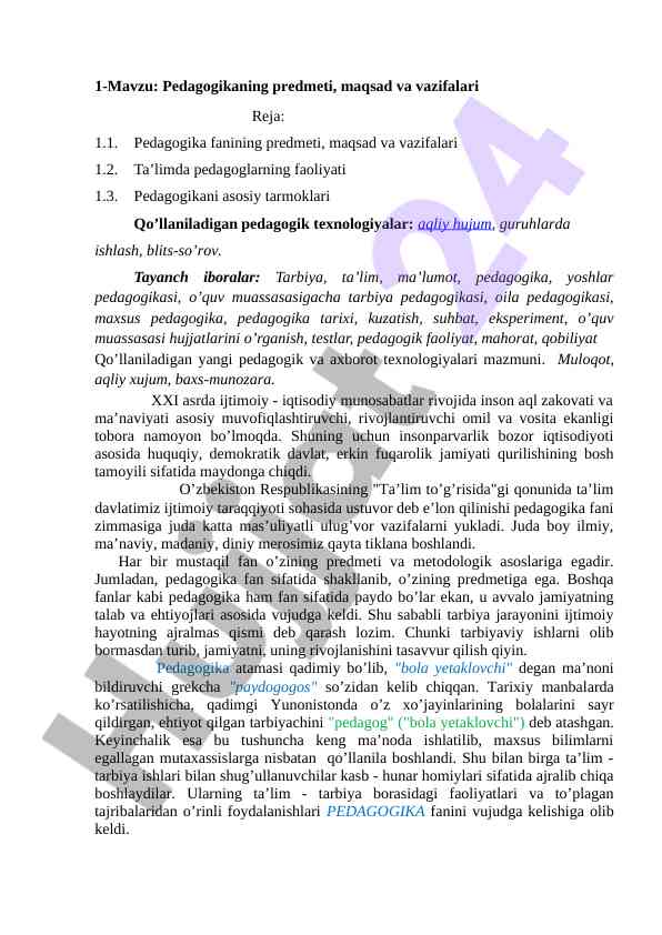 Pedagogika fanining asosiy vazifalari va yo'nalishlari