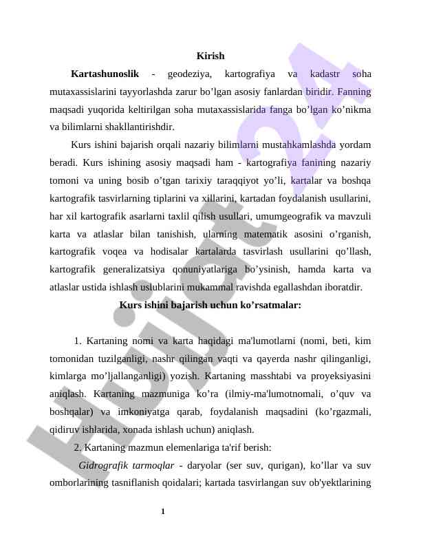 Kirish kartashunoslik fanining asosiy aspektlari