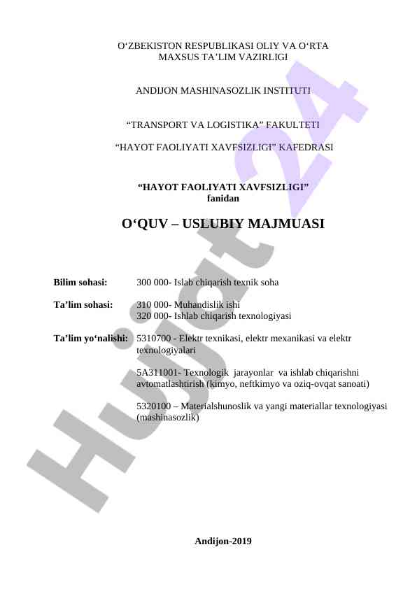 Hayot faoliyati xavfsizligi o‘quv uslubiy majmuasi