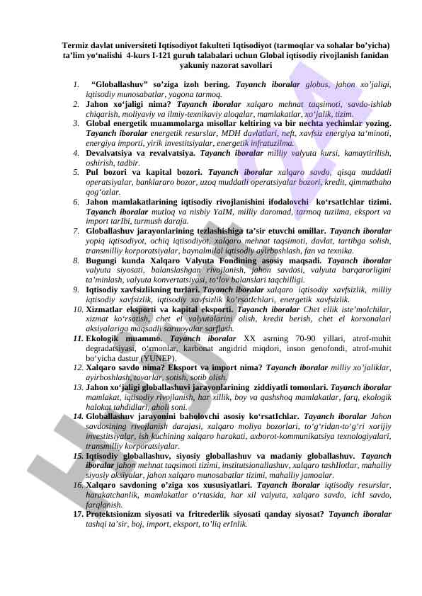 Global iqtisodiy rivojlanish fanidan yakuniy nazorat