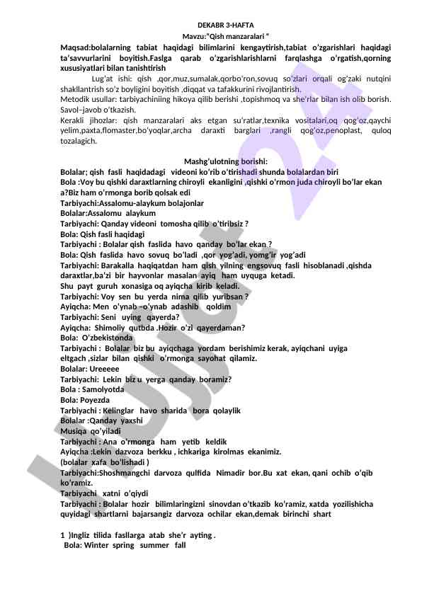 Qish manzaralari mavzusida dars ishlanmasi