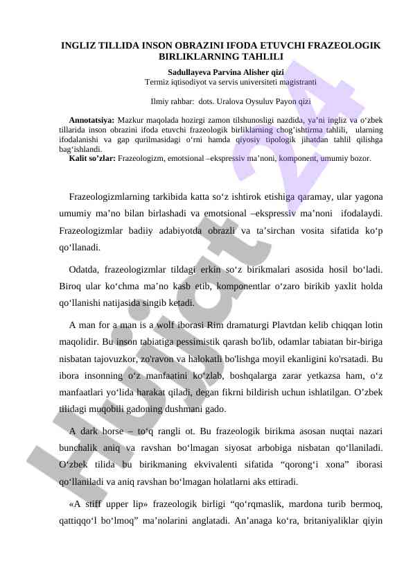Ingliz tilida inson obrazini ifoda etuvchi frazeologik
